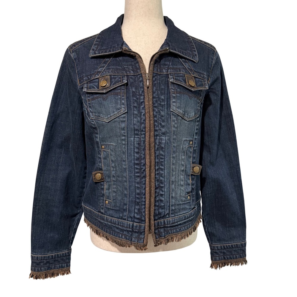 Cabi Jean Jacket Fringe Trim Western Cowgirl Classic Denim Tweed Women's Medium